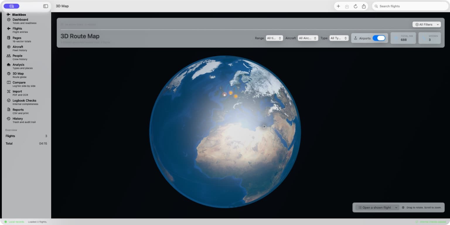 Blackbox native 3D route map showing a complete textured globe and three generated demonstration flights across Europe.