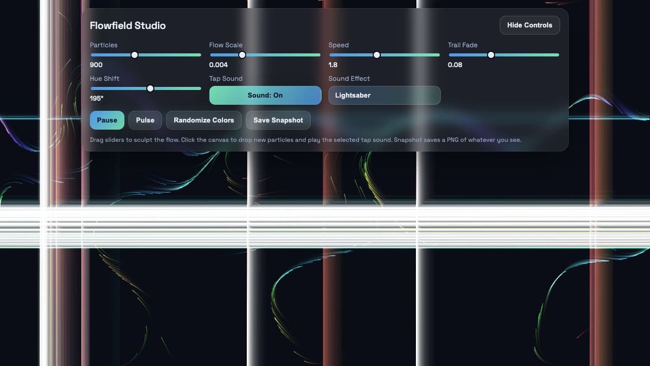 Flowfield Studio particle playground, showing a generated visual pattern.