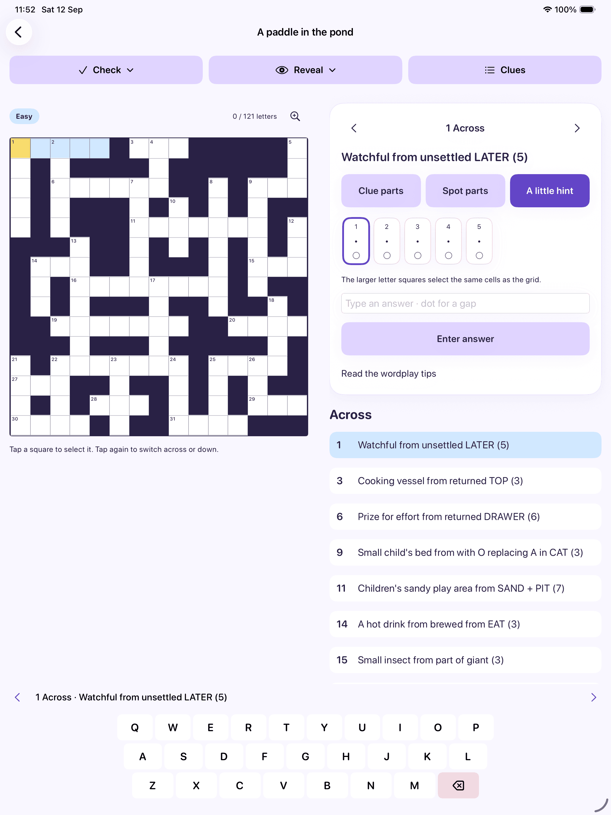 Current Quackers and Clues crossword page with the fifteen-by-fifteen grid, selected clue, hints, checking controls and on-screen keyboard.
