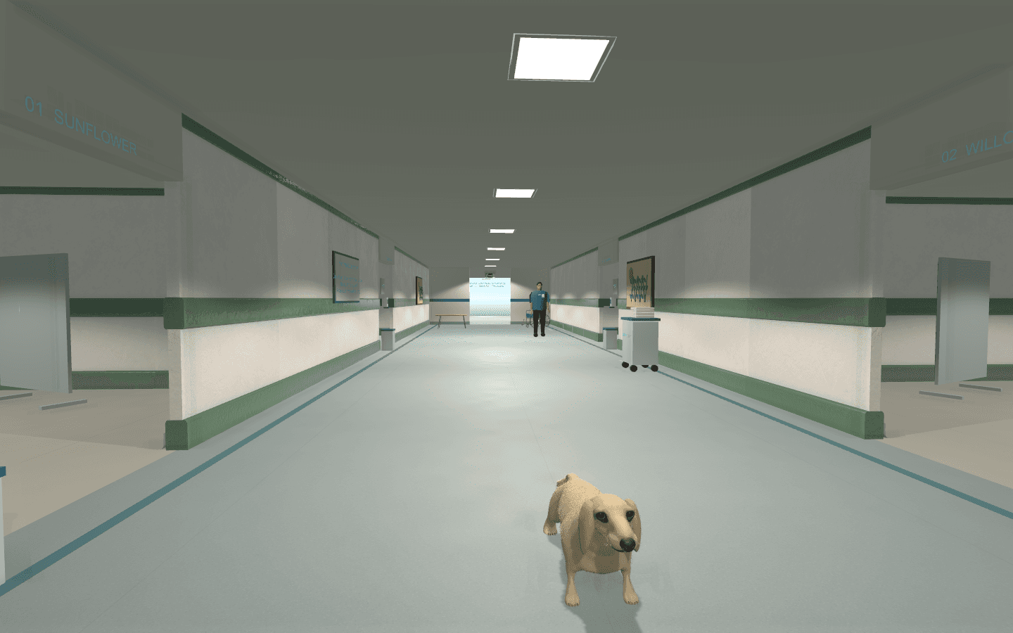 Ralph Hospital version 0.10.0 showing the cream dachshund in a hospital corridor, with ward entrances and a staff character in the background.