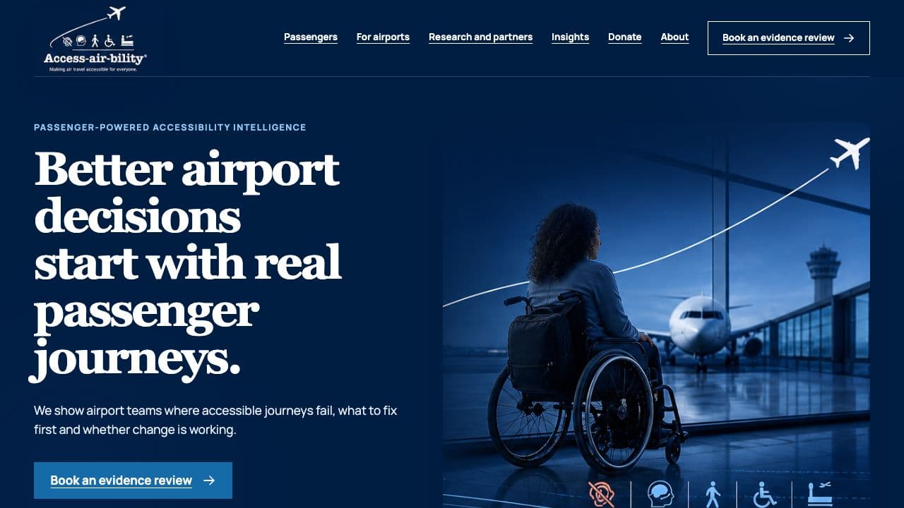 Current Access-air-bility website with its passenger-powered airport accessibility message and wheelchair passenger illustration.
