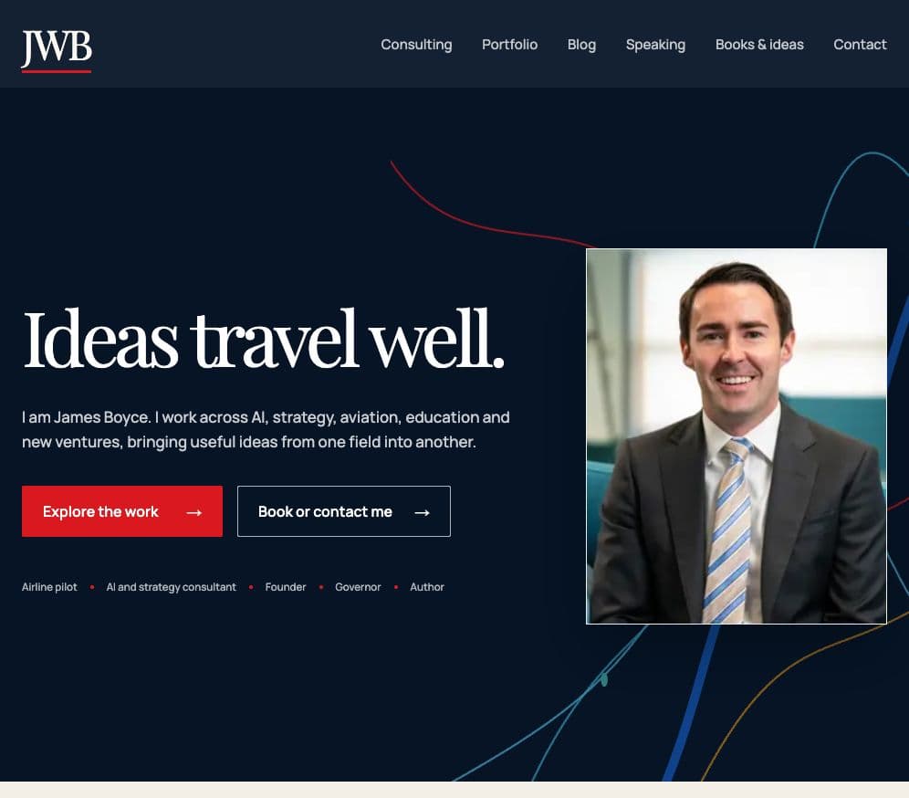 Current James Boyce website with the Ideas travel well headline, portrait, restrained navy design and Blog navigation link.