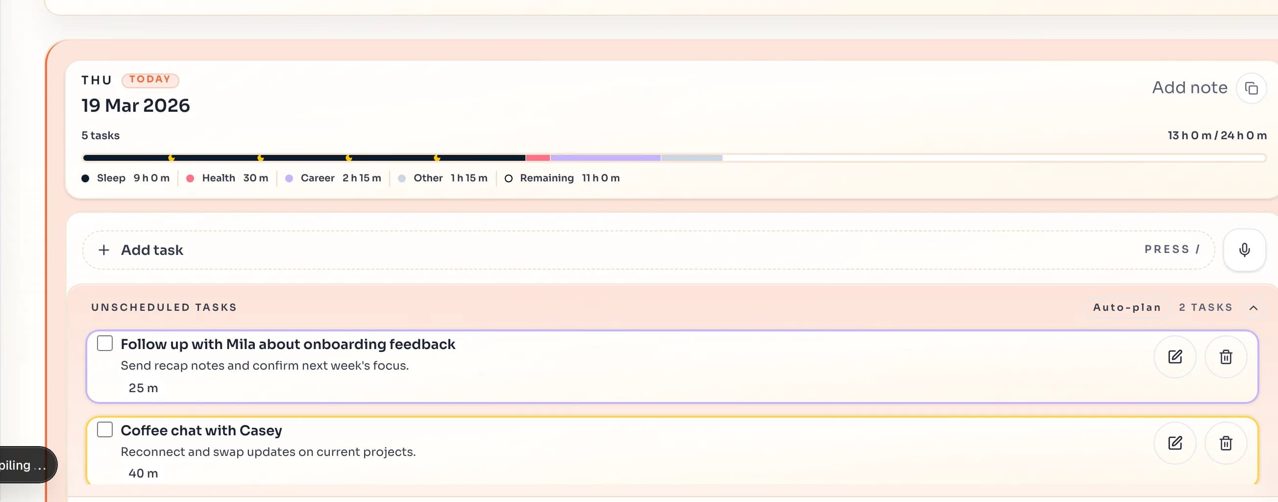 Cavatim weekly planner showing tasks, time allocation and remaining capacity